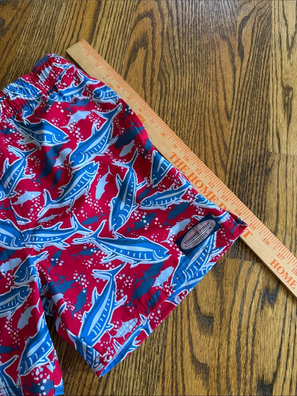 Vineyard Vines Kids Red Marlin Swim Trunks with Blue Accents